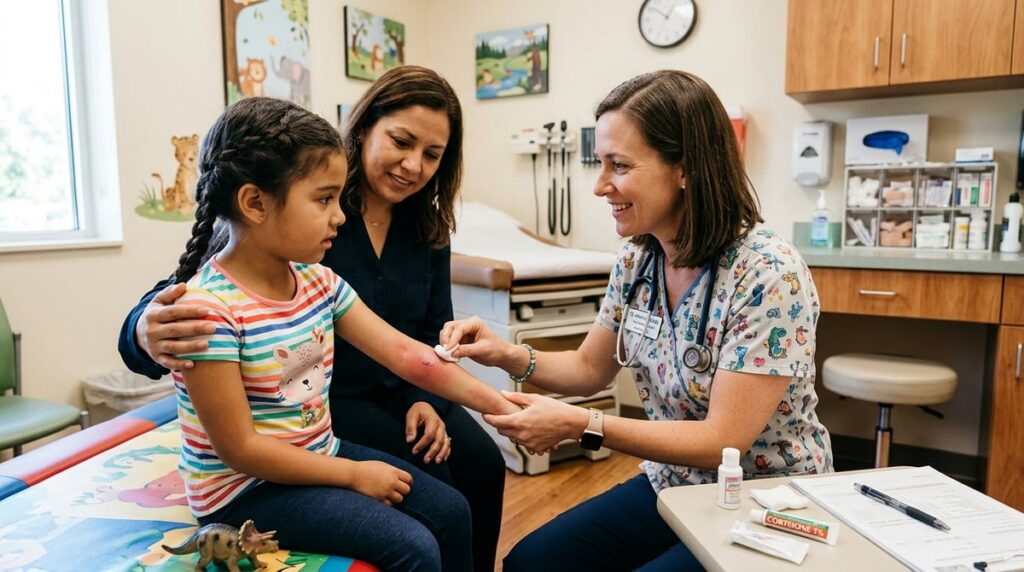 A caring medical professional attending to a child with a swollen insect bite on their arm, showcasi
