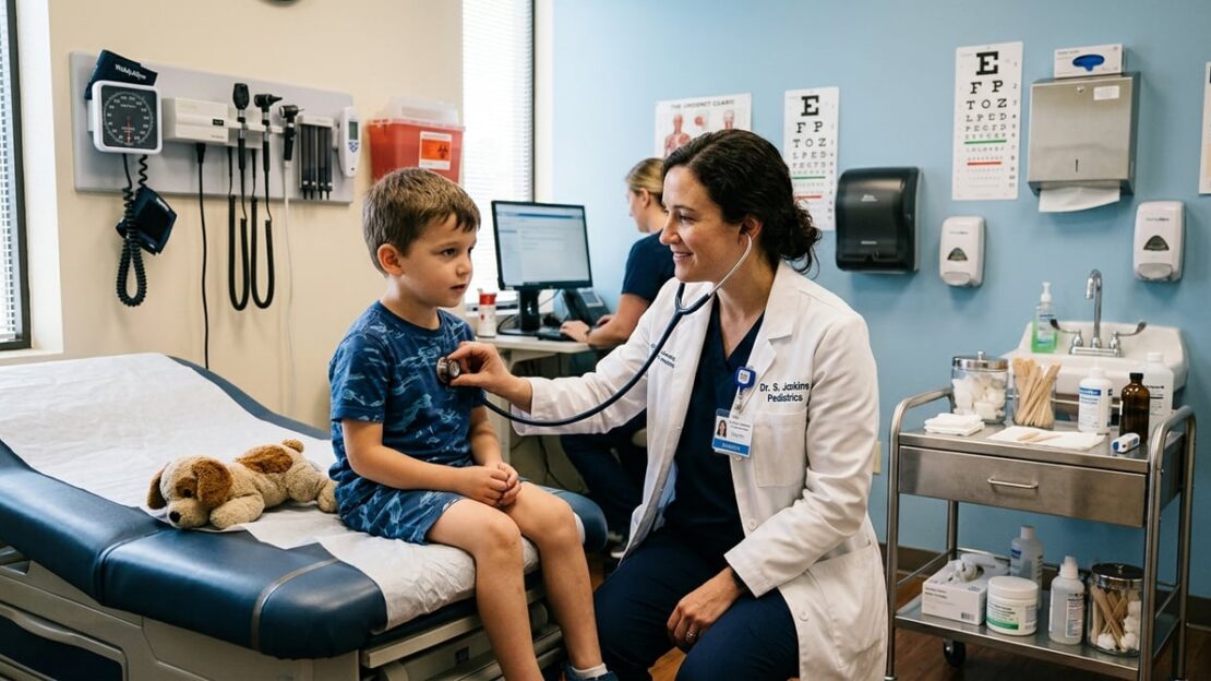 A doctor performing a physical exam on a child in an urgent care clinic, with medical tools visible