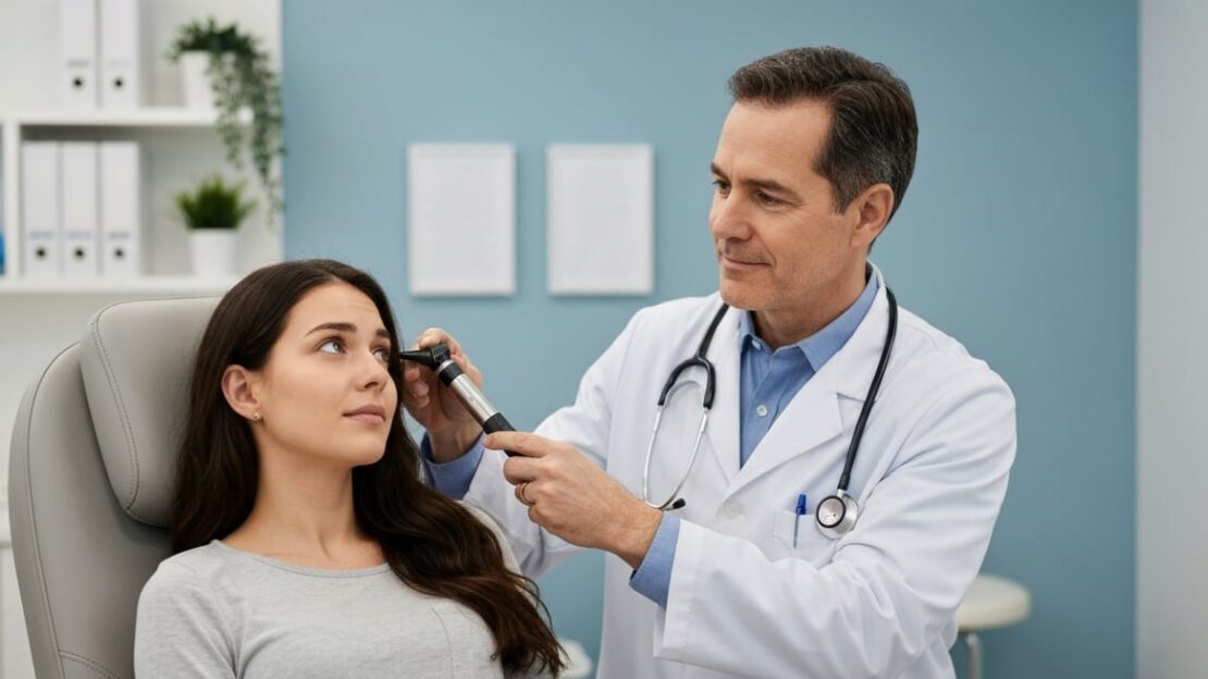 A physician examining the ear of a patient in an urgent care clinic, showcasing professional and car