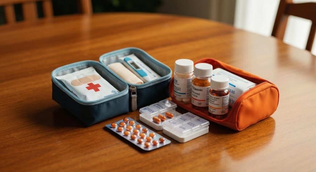 A well-organized travel health kit displayed on a wooden table, including essential items like a fir