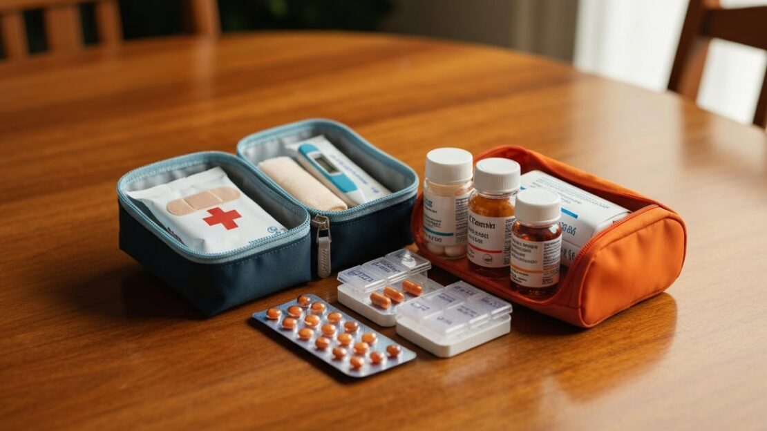 A well-organized travel health kit displayed on a wooden table, including essential items like a fir