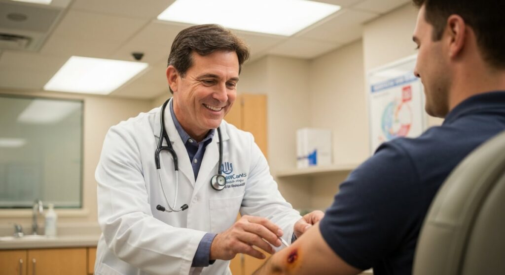 A caring physician examining a burn injury on a patient's arm at UrgentCare MDs in Baytown, TX.