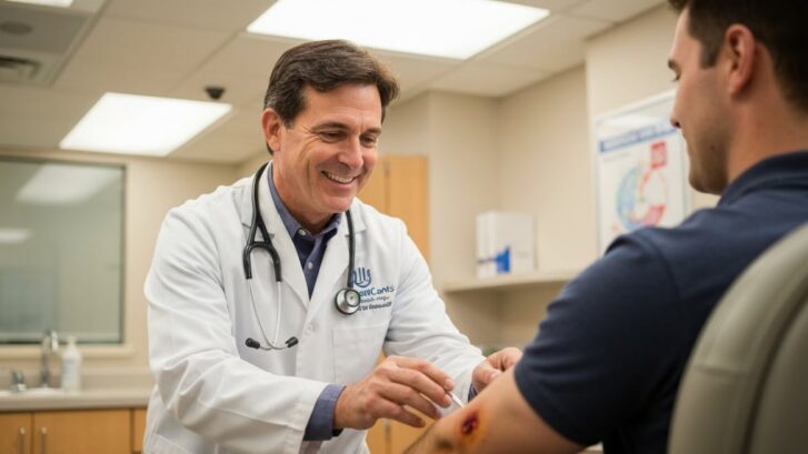 A caring physician examining a burn injury on a patient's arm at UrgentCare MDs in Baytown, TX.