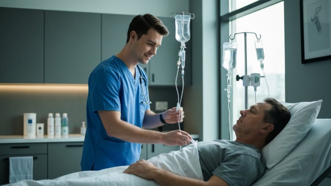 A healthcare professional administering IV fluids to a patient with dehydration symptoms in a modern