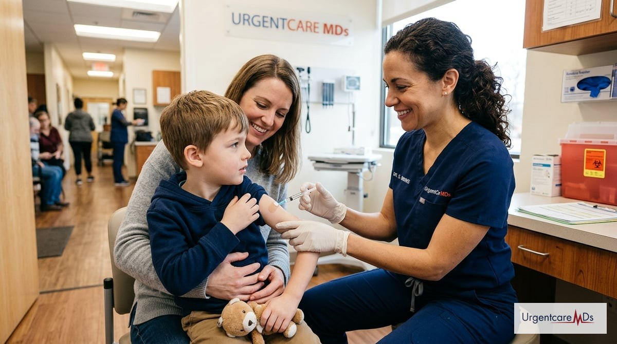 A warm, welcoming photo of a physician at UrgentCare MDs administering a flu shot to a child, smiling to reassure the child and